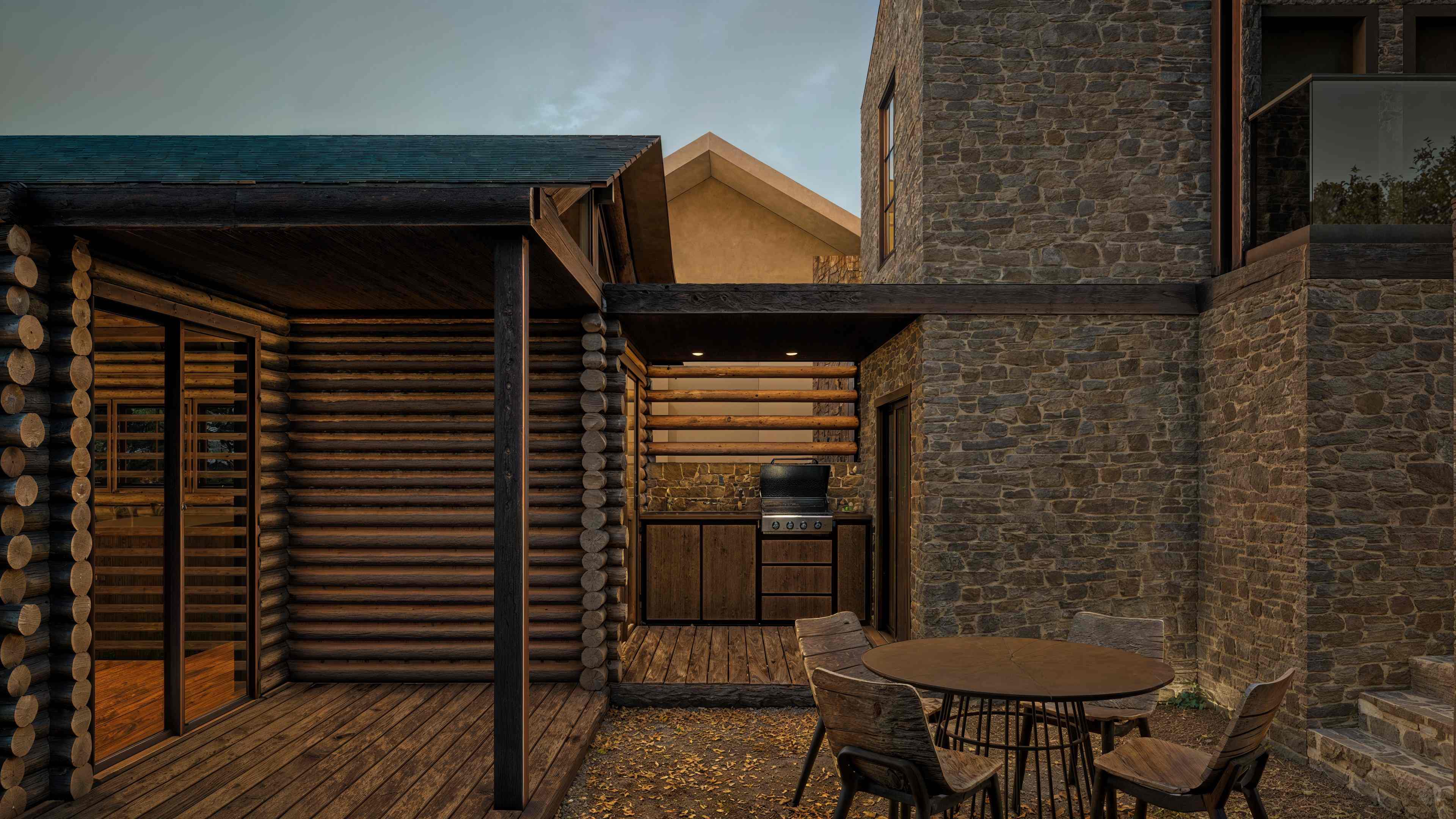 Rendering of the Jeffers Cabin courtyard terrace joining the log cabin and the fire-resistant stone addition