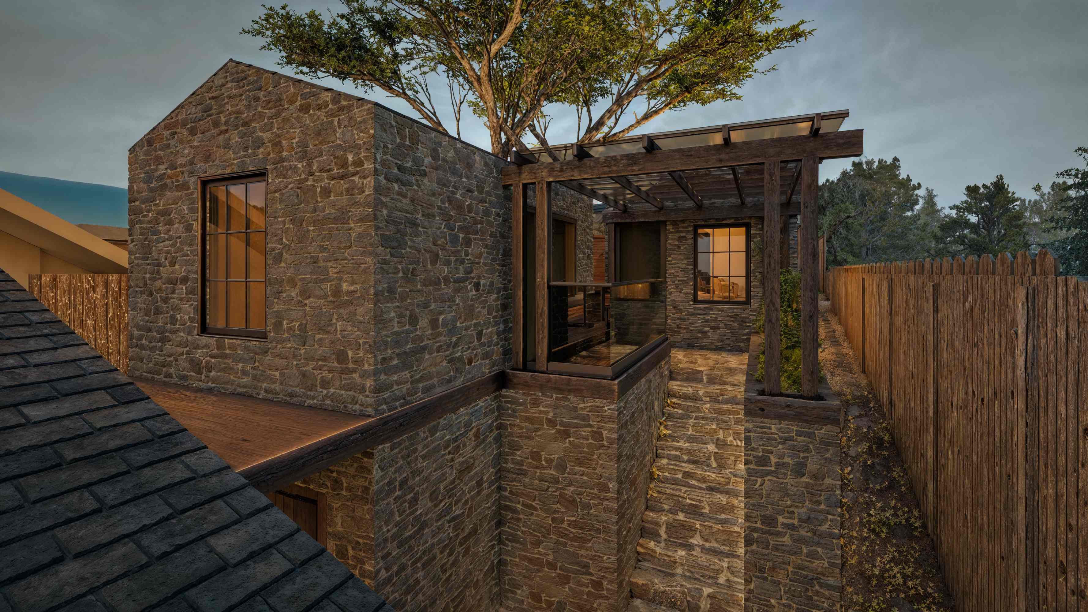 Rendering of the Jeffers Cabin stone addition and timber pergola with the slate roof in the foreground