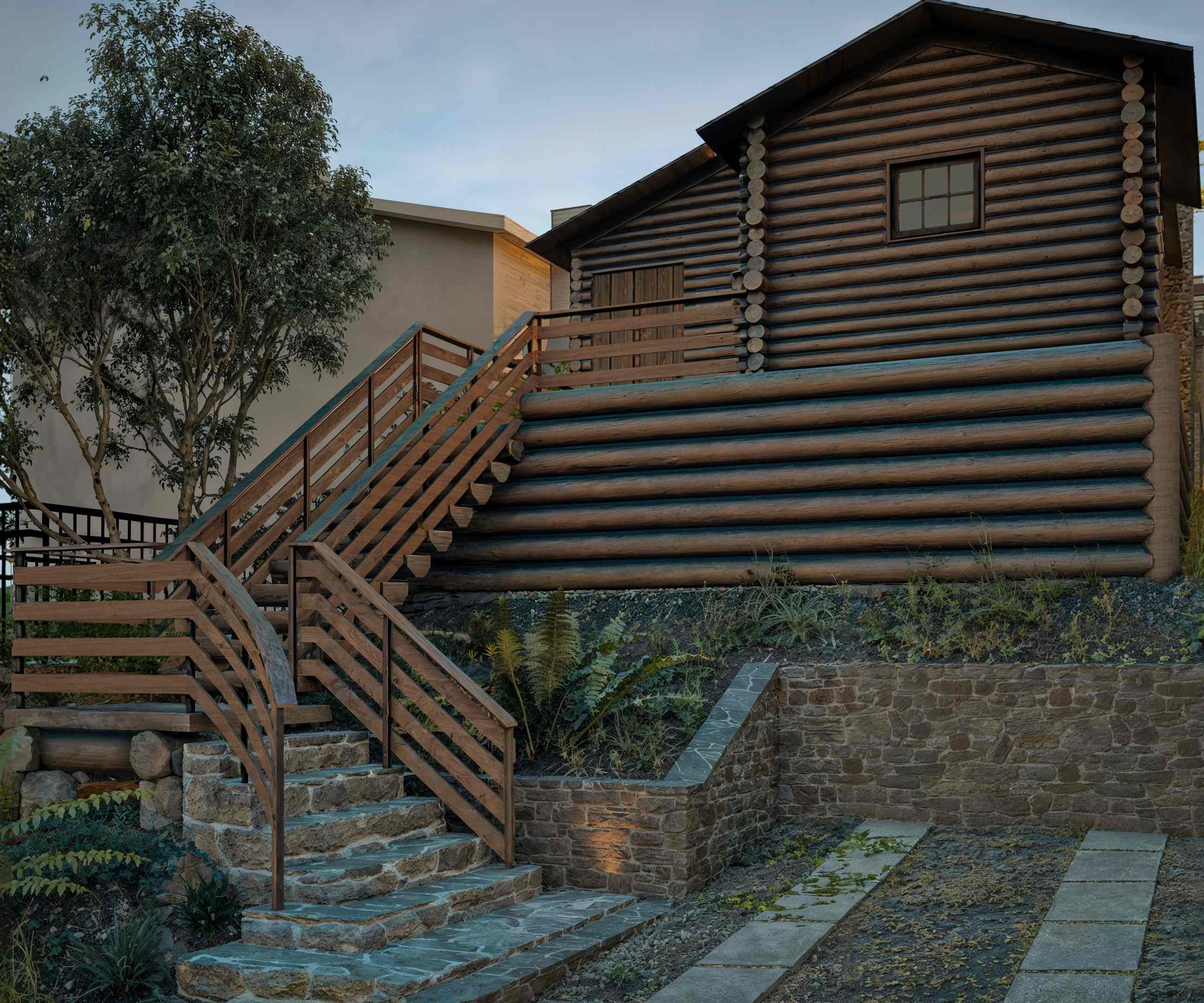 Rendering of the reconstructed Jeffers log cabin above its entry stair and stone retaining wall, Carmel-by-the-Sea