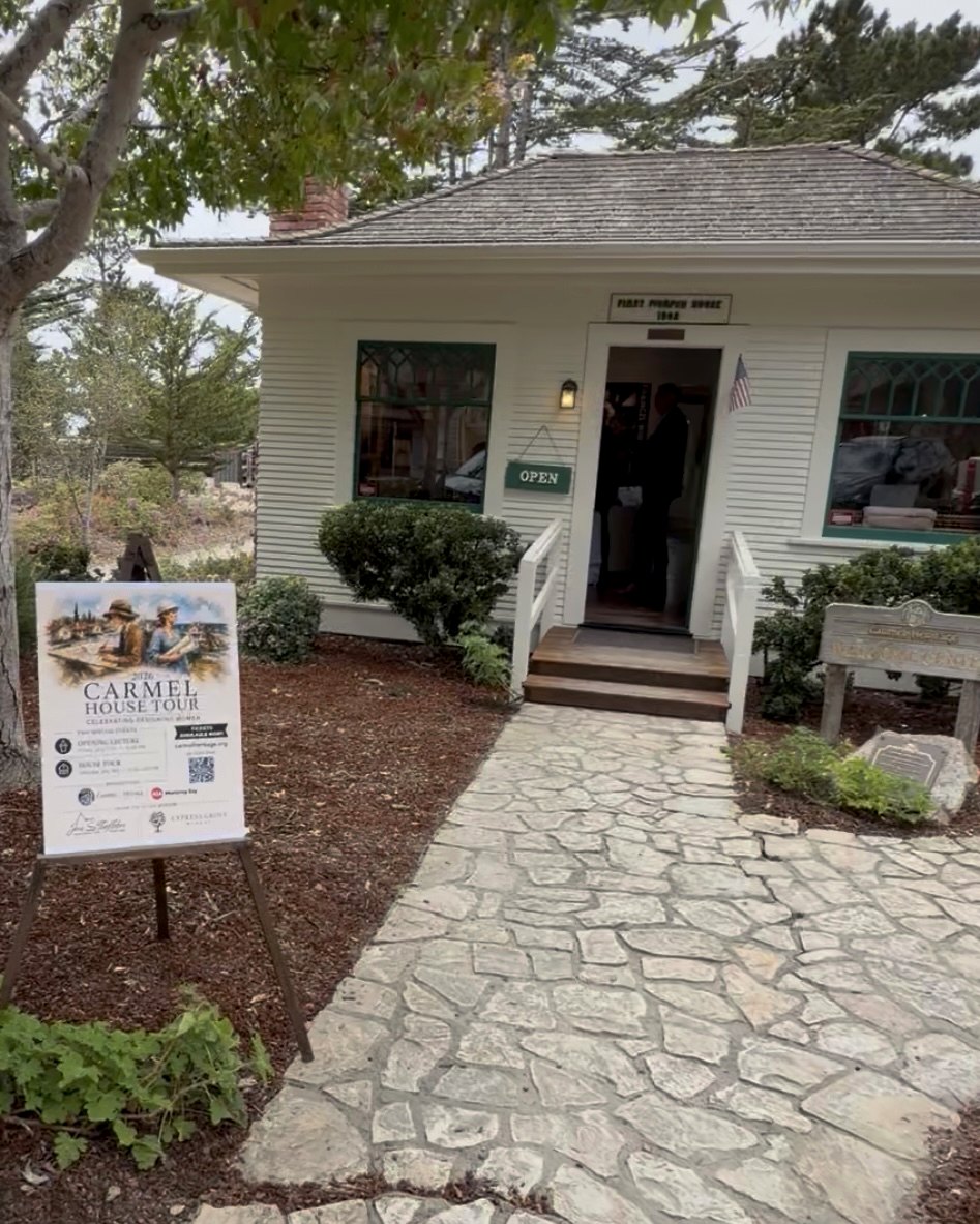 The First Murphy House, Carmel Heritage Society headquarters, with the 2026 Carmel House Tour sign