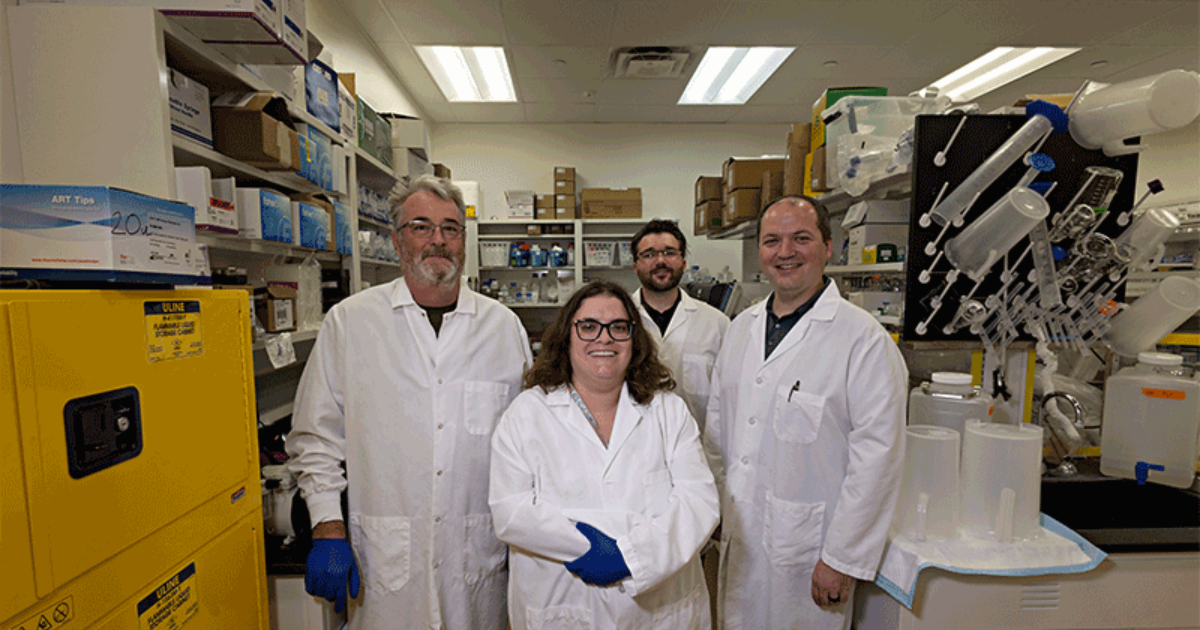 (From left) The Axio BioPharma team includes David Marshall, expression scientist; Jaclyn Mabry, purification scientist; Tristan McAloon, business development manager; and Justin Byers, co-founder.