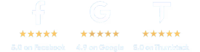 Customer review ratings for HVA Climate Control displayed on a blue background, featuring 5.0 stars on Facebook, 4.9 stars on Google, and 5.0 stars on Thumbtack, with corresponding platform logos.