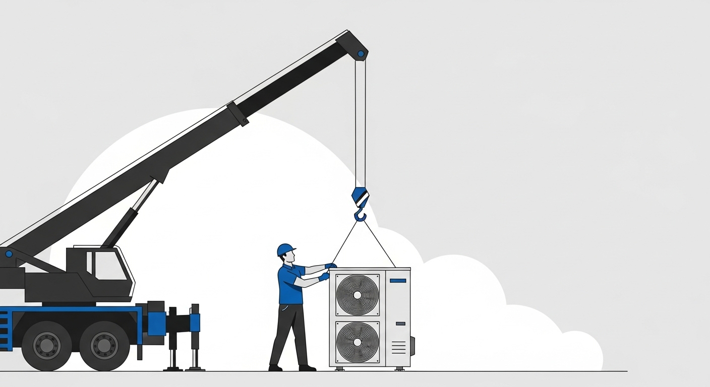 man preforming outdoor ac unit installation using a crane