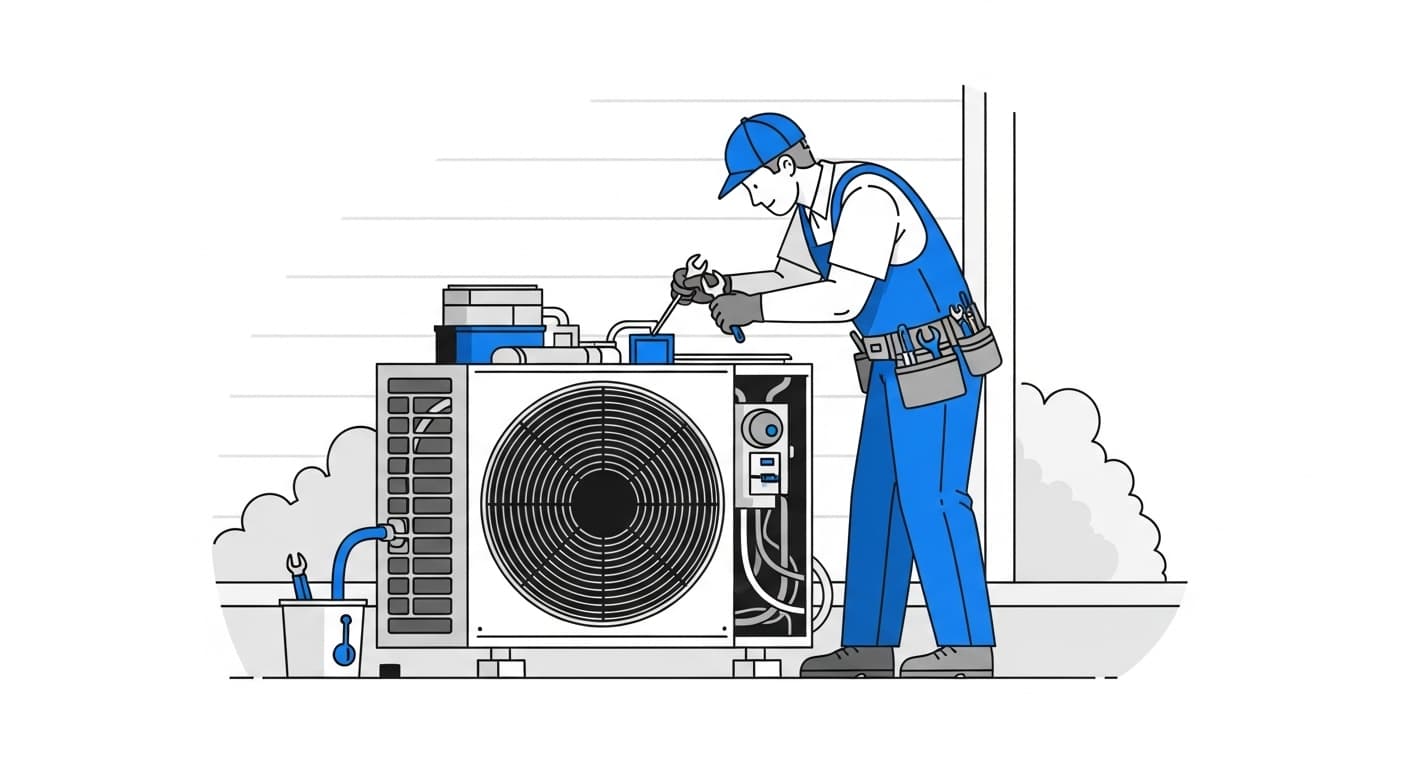 man with a toolbelt fixing outdoor ac unit with a wrench and testing tool