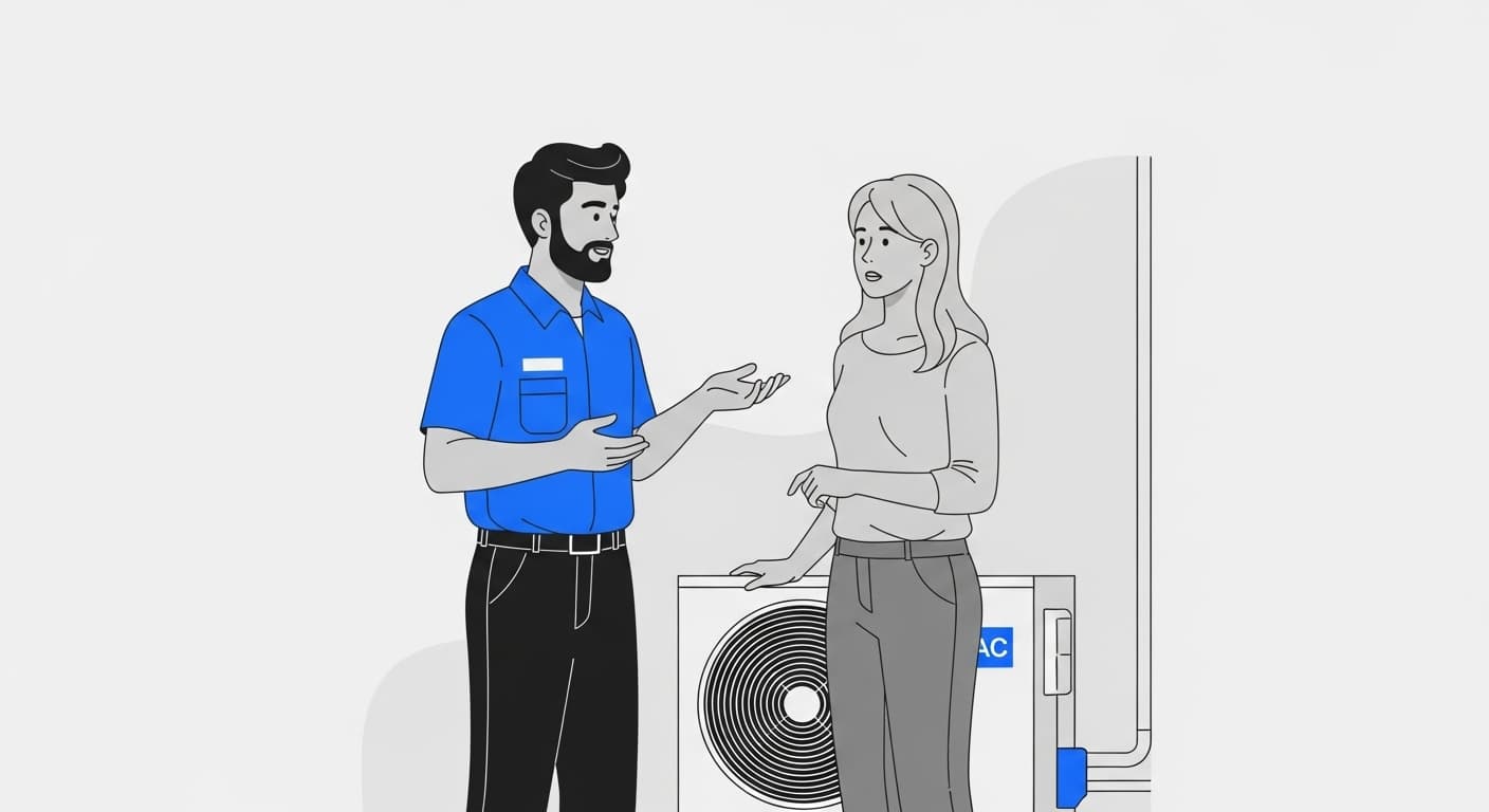 professional technician talking to client about commercial air conditioner repair