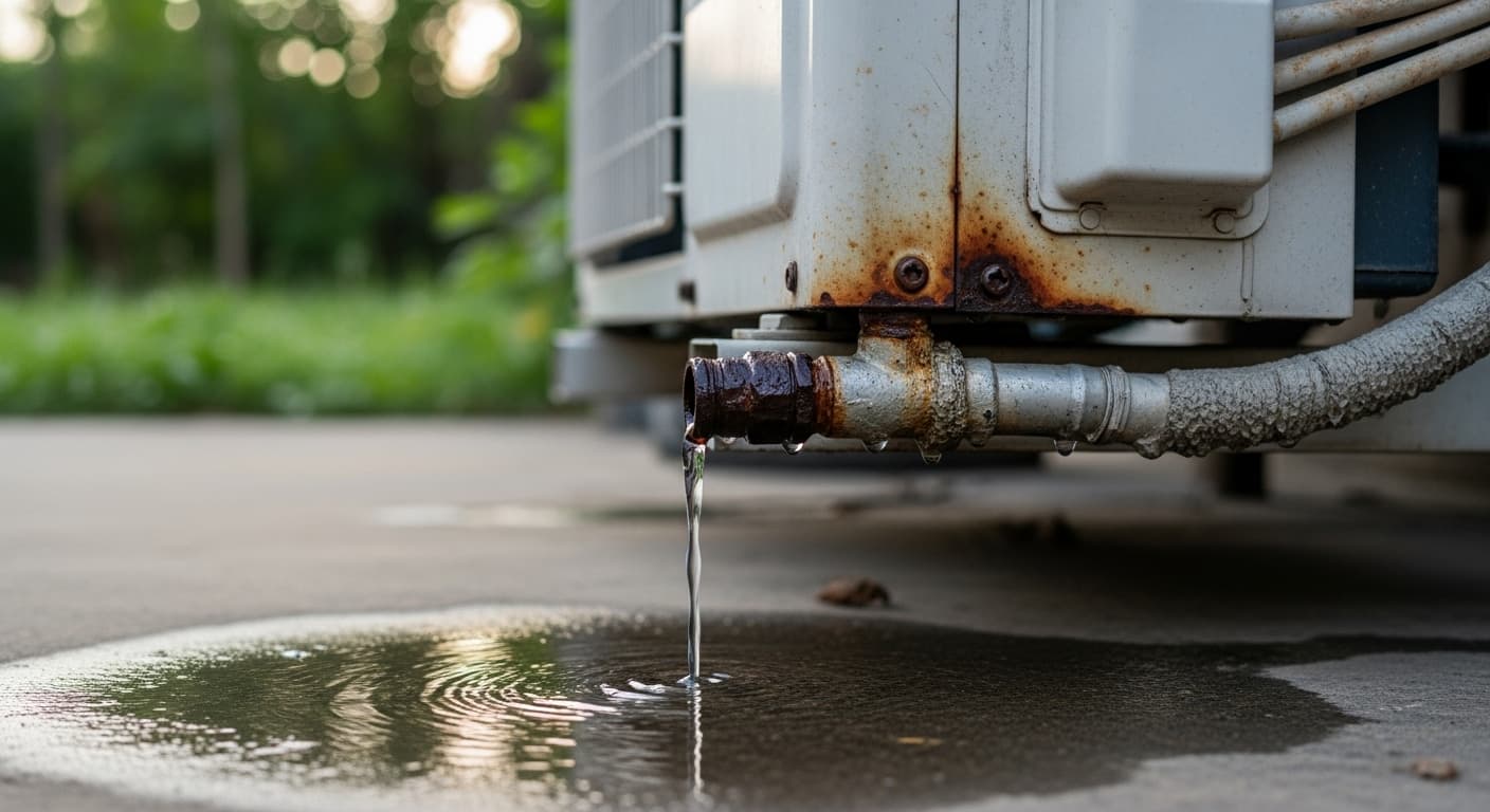 Leaking outdoor AC unit with rust and water pooling, a common problem requiring emergency AC repair to prevent system damage.