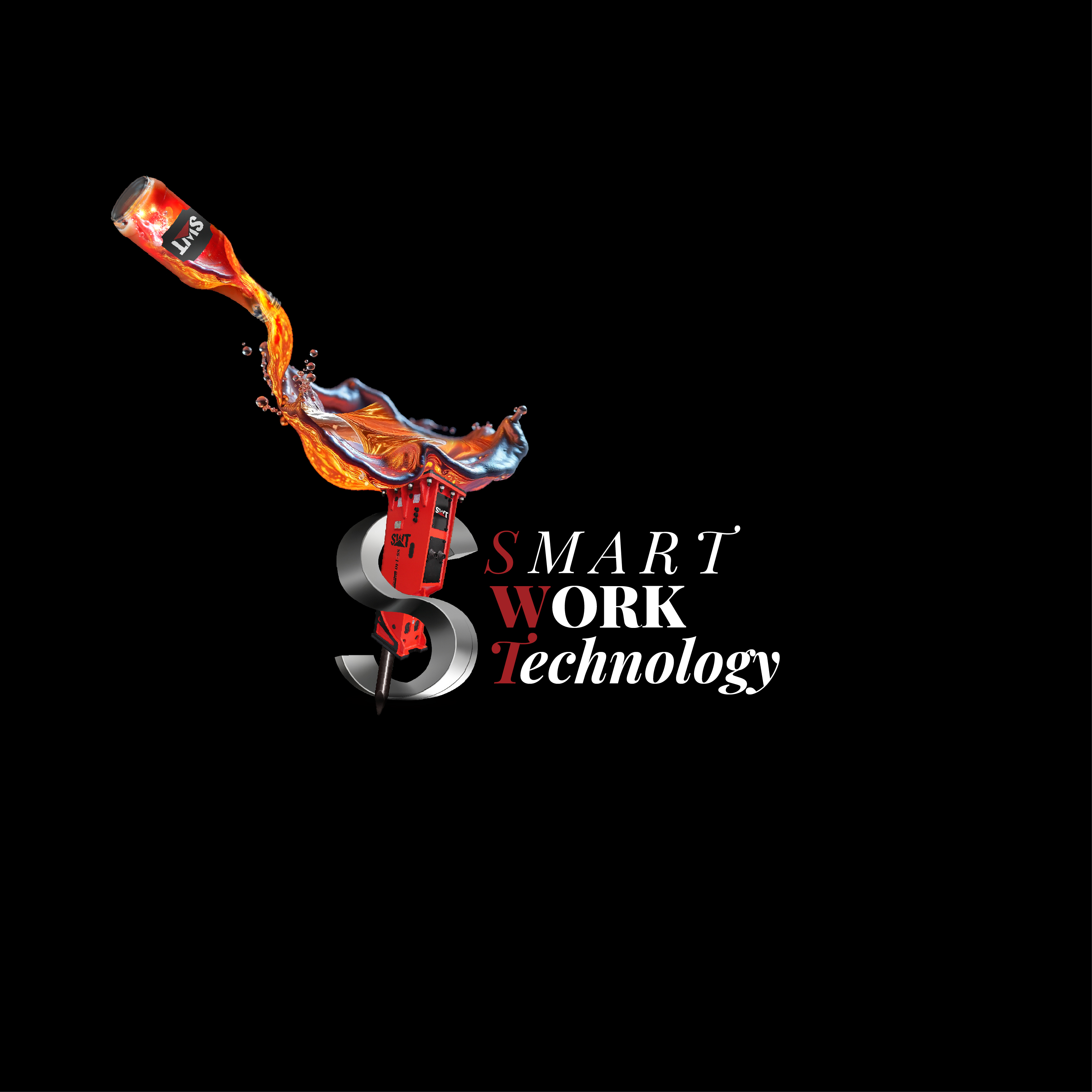 SWT Smart Work Technology new logo in the news showing SWT secret sauce being release from a bottle to form an excavator hydraulic breaker.