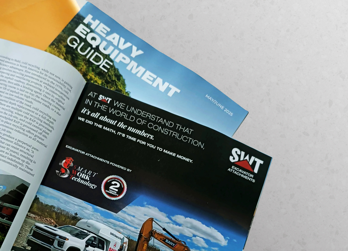 Heavy Equipment Magazine cover and SWT excavator attachments ad with Tidal Tractor.