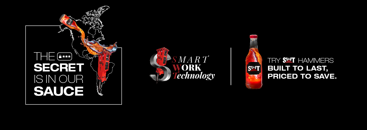 SWT excavator attachments the secret is in our sauce logo with hydraulic hammer.