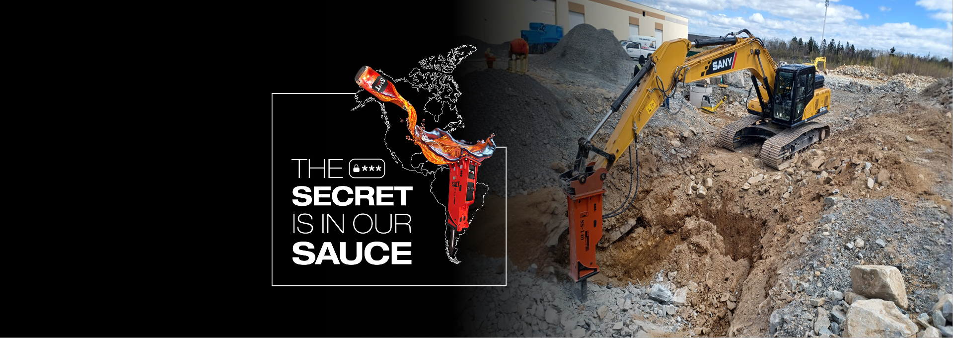 A heavy-duty SWT SS-155 hydraulic breaker mounted on a 20-ton excavator, delivering high-impact performance and rapid 5-month ROI for SMC contractors.