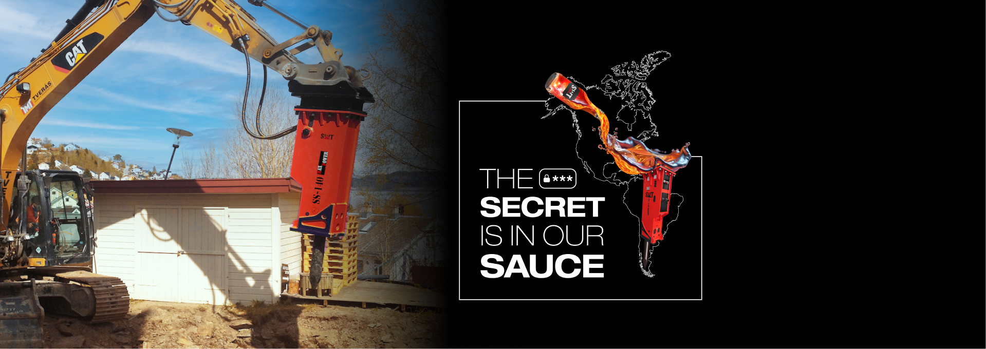 Close-up of an SWT SS-140 attachment in a demolition environment, showcasing the wear-resistant 4340/4140 combo chisel tool.