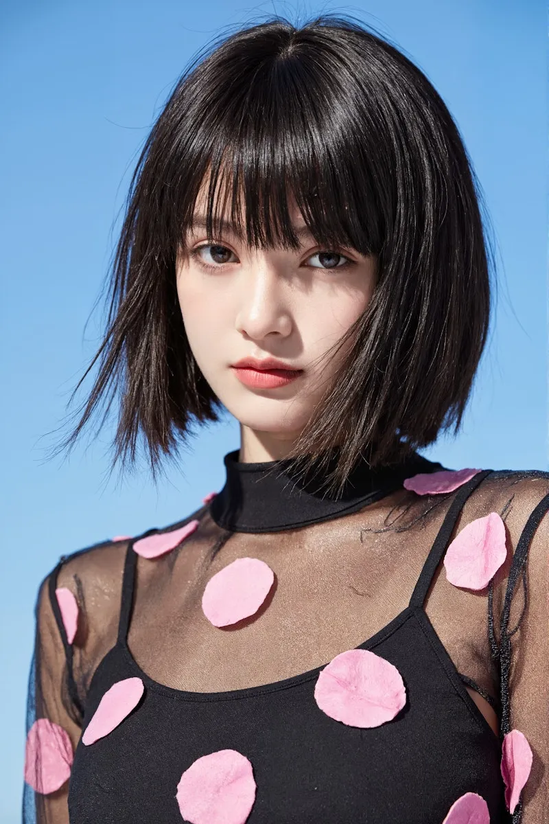 A woman with a black and pink polka dot dress.