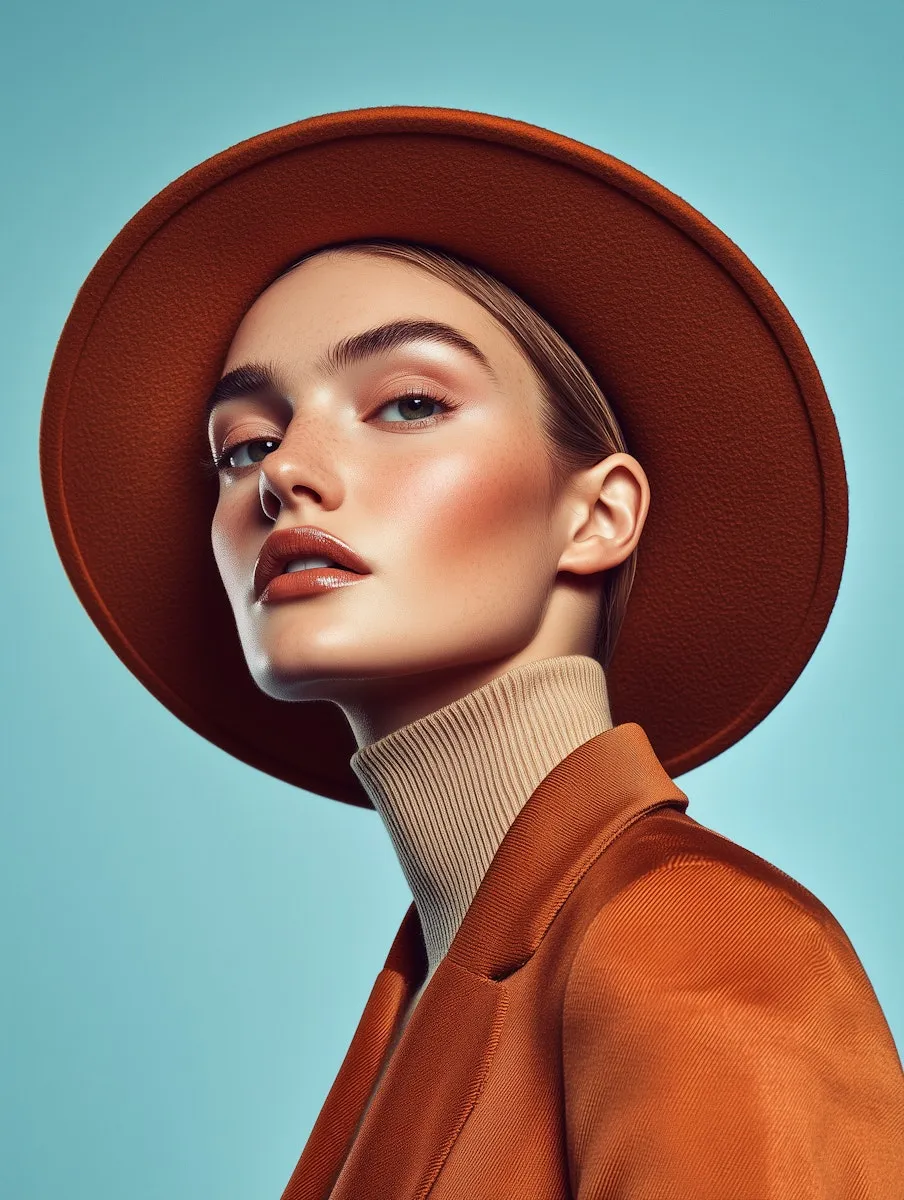 A woman wearing a brown hat and a brown coat.