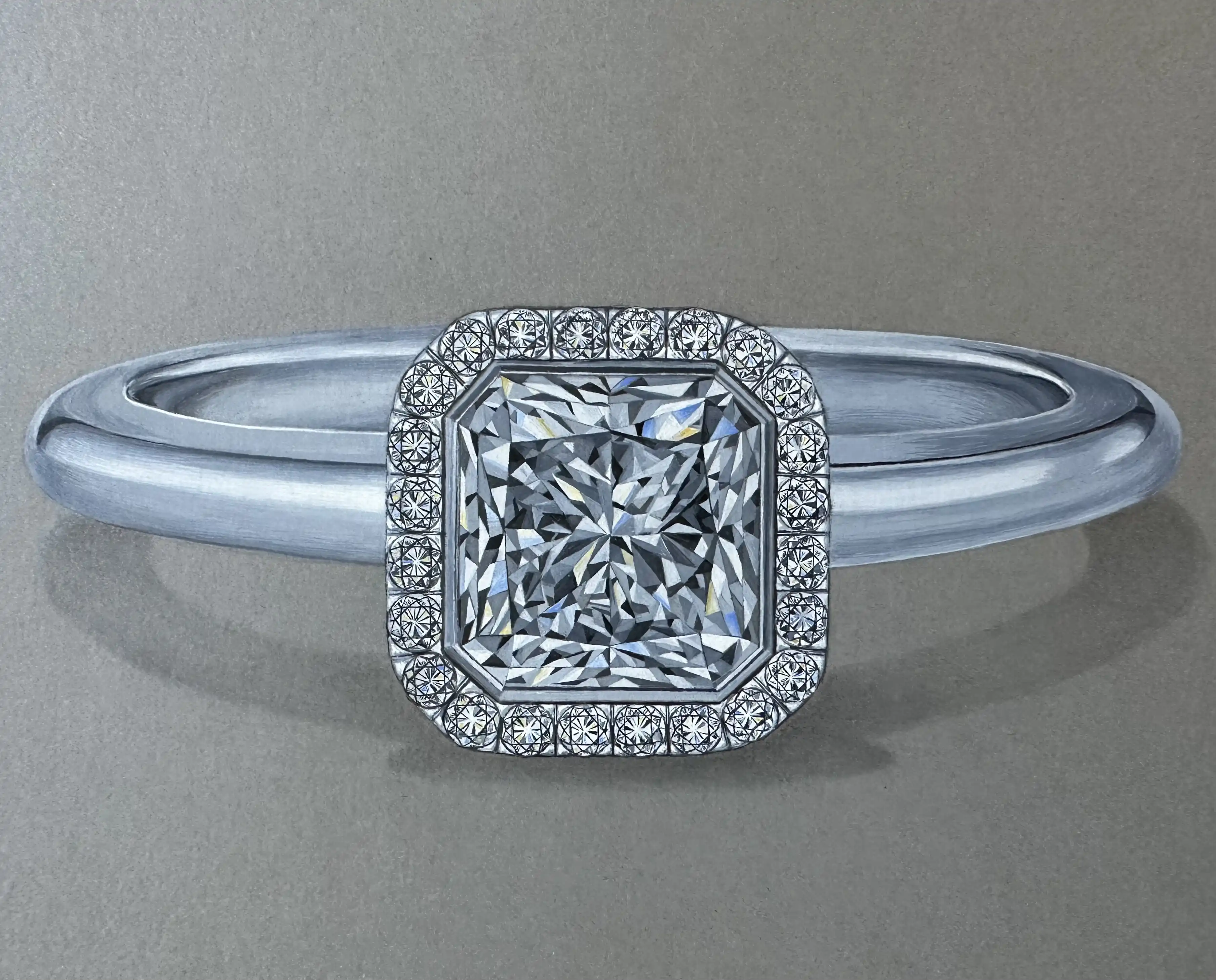 Silberring mit einem quadratisch geschliffenen Diamanten, umgeben von kleinen rund geschliffenen Diamanten.