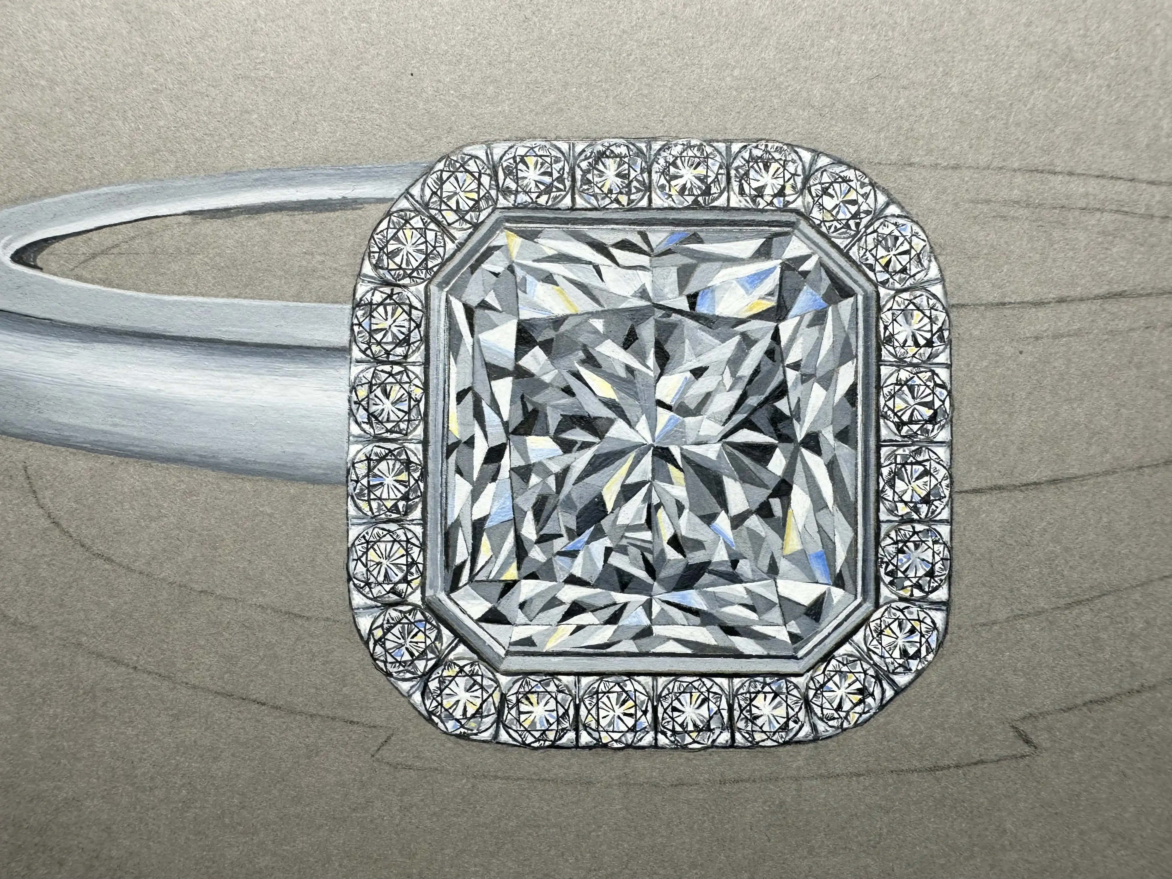 Nahaufnahme eines präzise geschliffenen quadratischen Diamantrings mit umlaufender kleiner Diamantfassung.