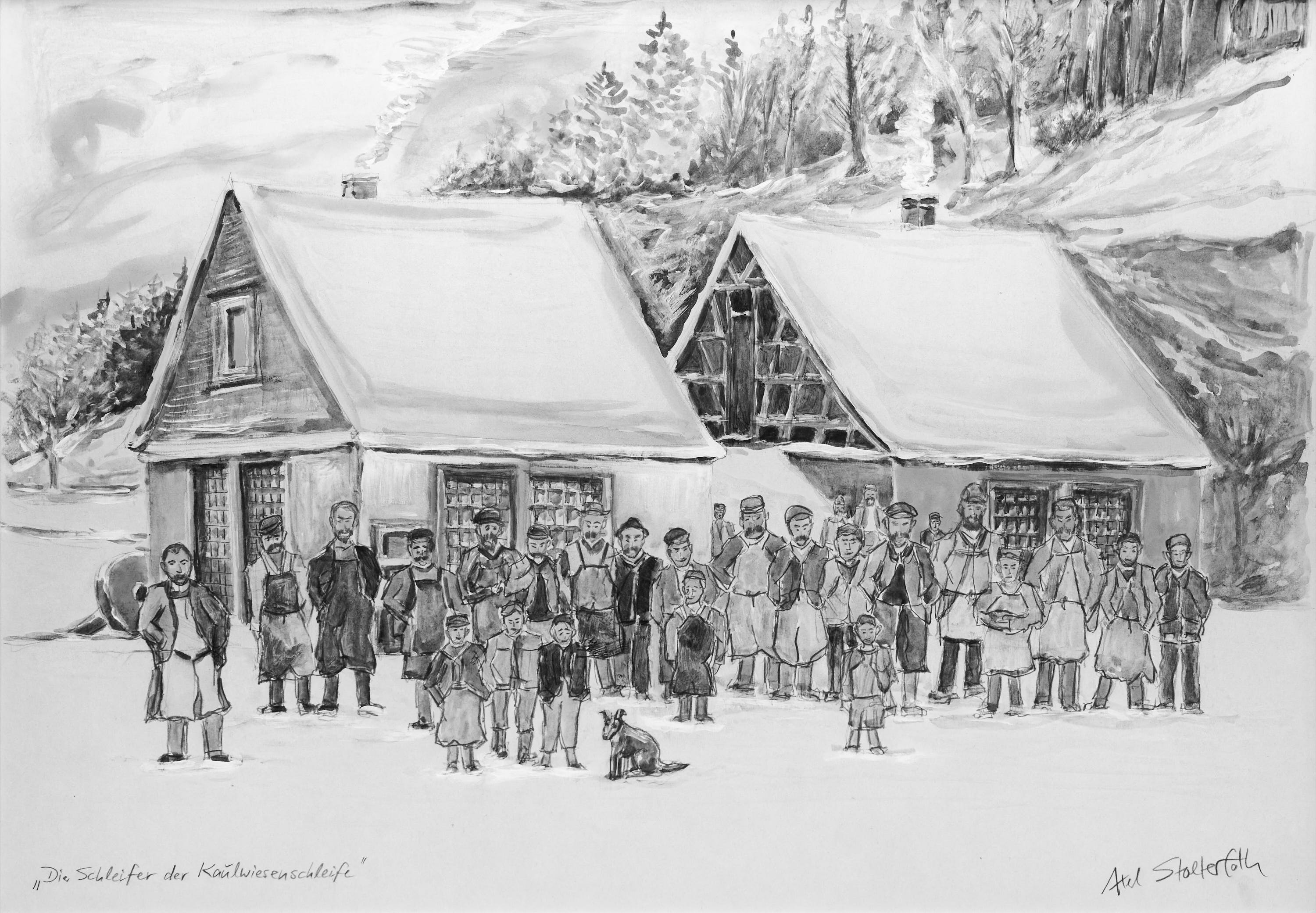 Schwarz-weiß-Zeichnung einer Gruppe von Männern, Frauen und Kindern vor zwei traditionellen Fachwerkhäusern, mit einem Hund im Vordergrund.