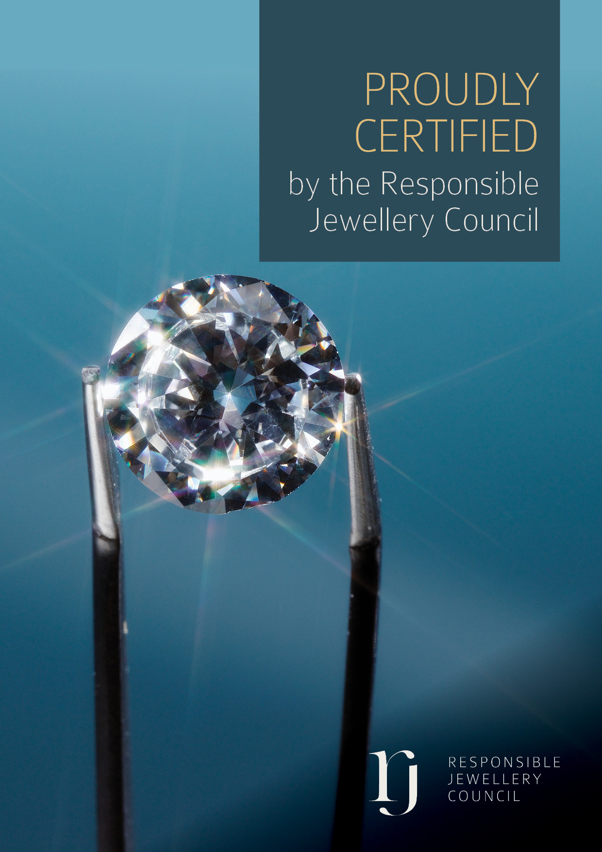 Ein funkelnder, runder Diamant wird von einer Pinzette gehalten, Text oben rechts: 'Stolz zertifiziert vom Responsible Jewellery Council'.