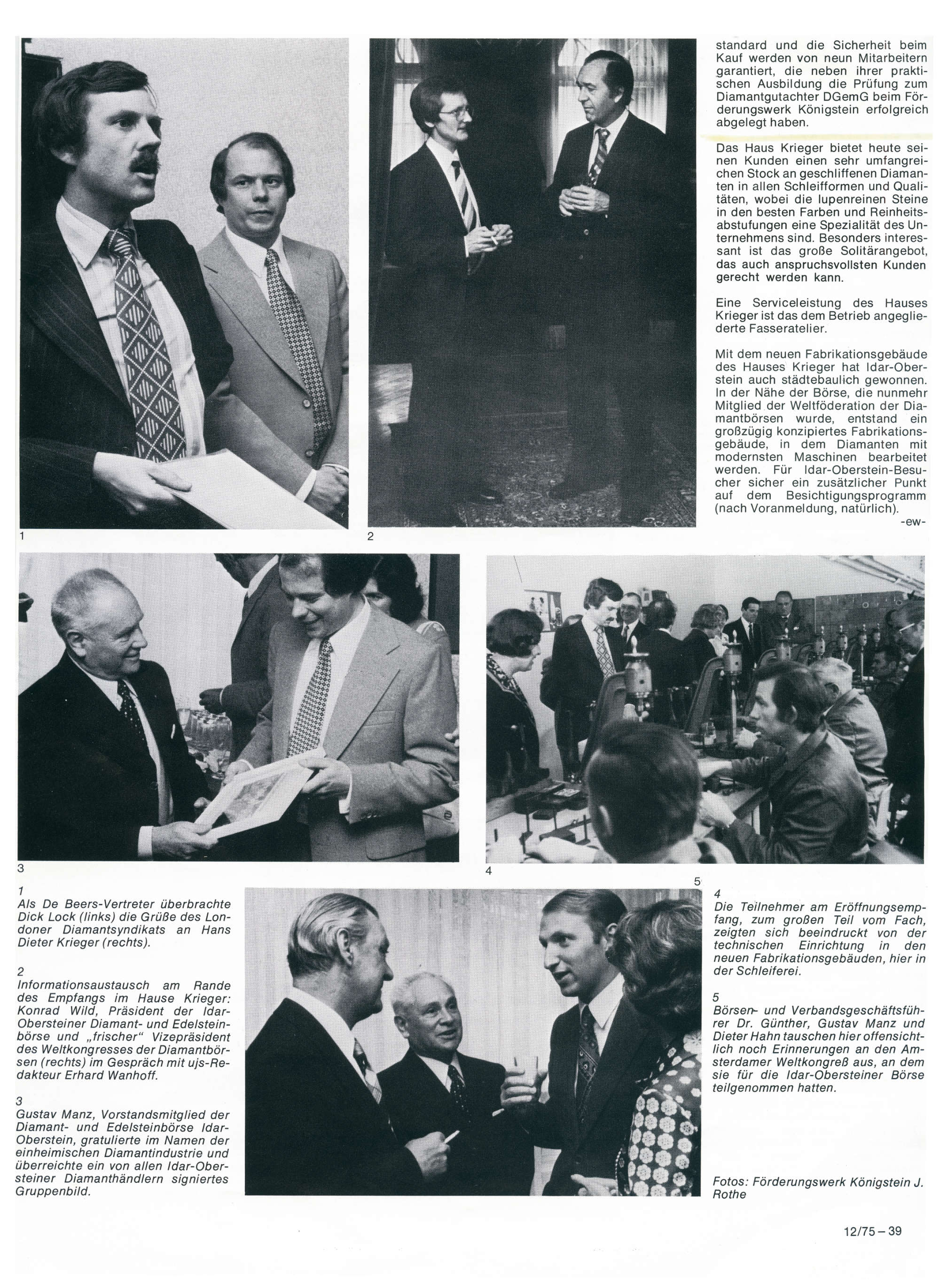 Schwarzweiß-Fotocollage zeigt Geschäftsleute bei einem Treffen und Diamantschleiferei, mit Gesprächen, Austausch von Grüßen und Arbeit an Maschinen.