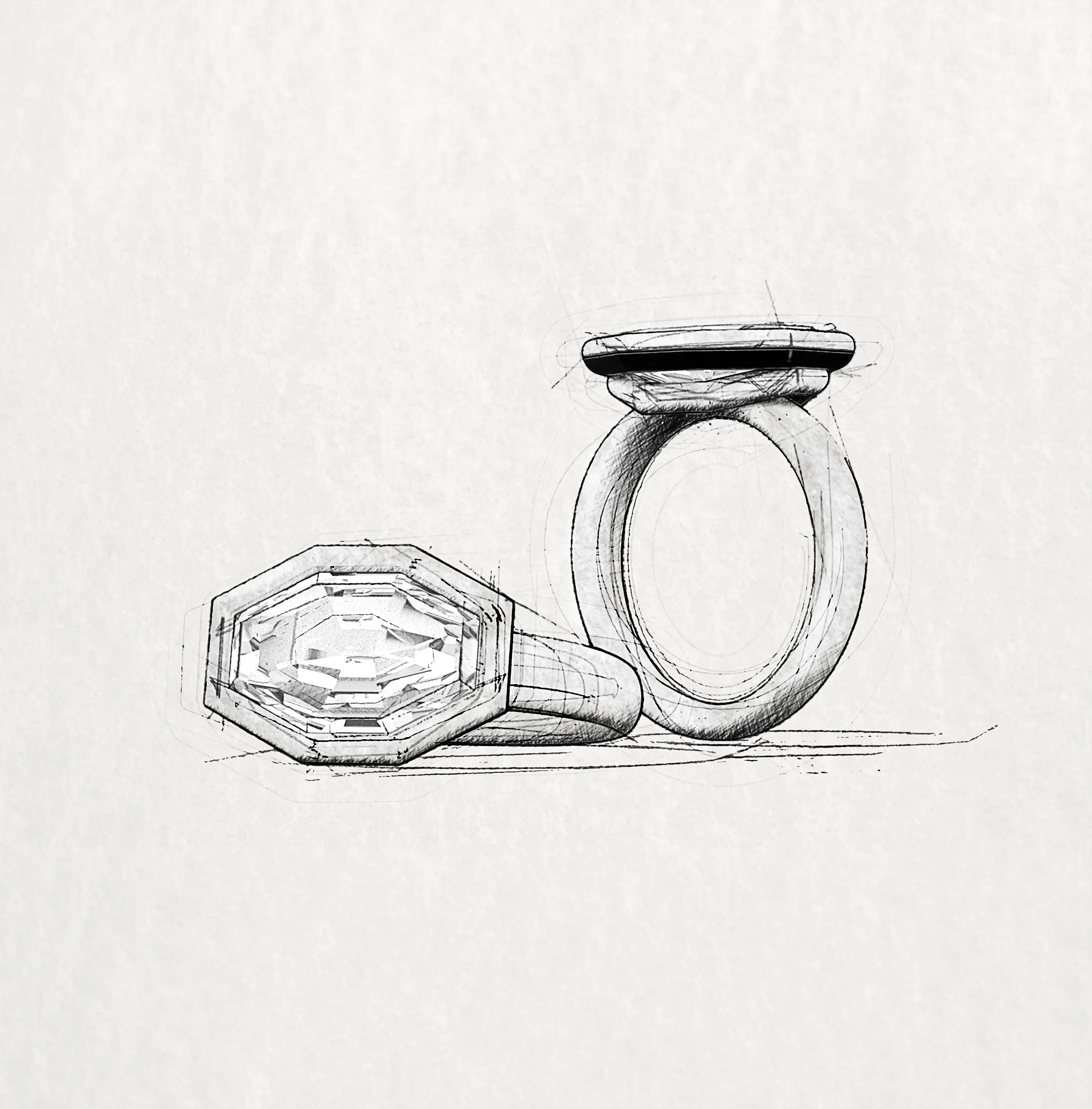 Skizze eines Rings mit achteckigem, facettiertem Edelstein und breitem Band.