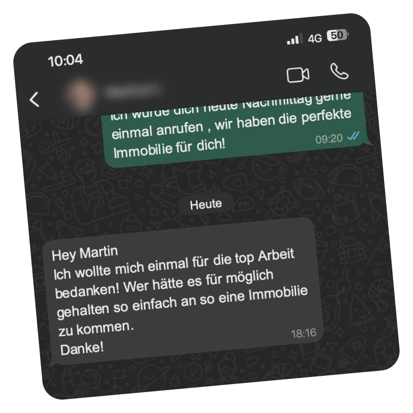 Screenshot of a WhatsApp chat showing a message in German thanking Martin for helping easily acquire a property.
