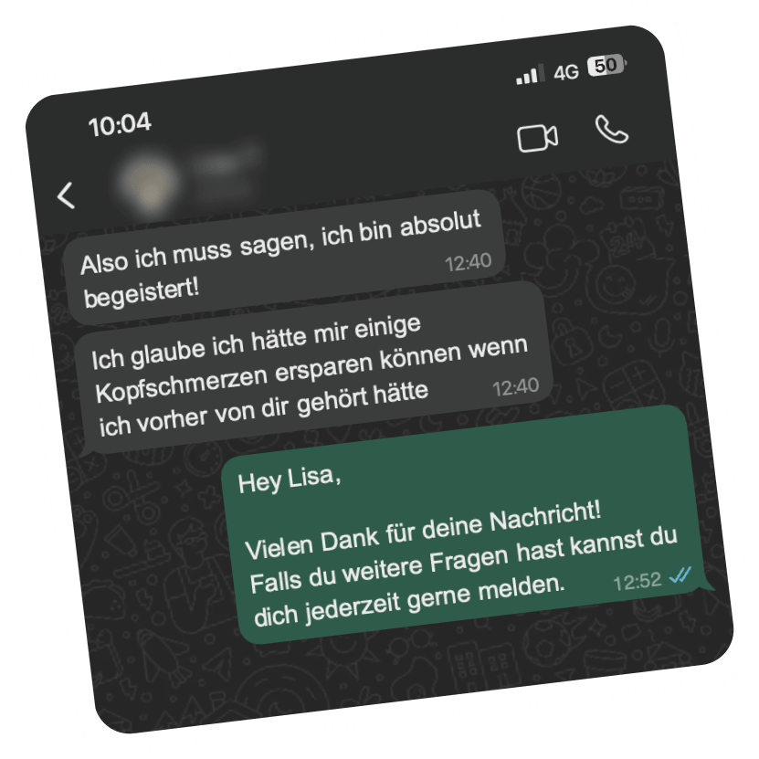 Screenshot of a WhatsApp chat in German where one person expresses enthusiasm and relief about avoiding headaches, and the other replies thanking Lisa and offering further help.