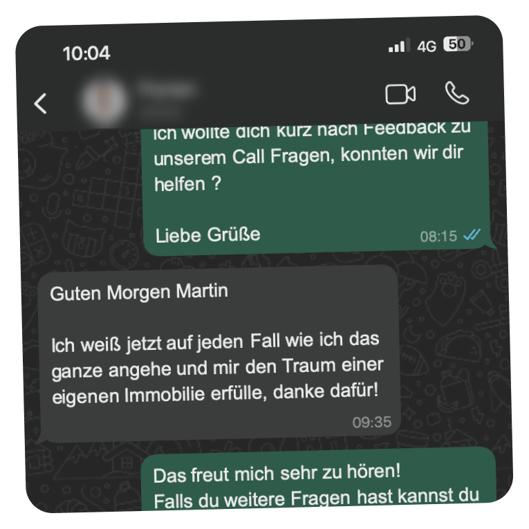 Screenshot of a WhatsApp conversation in German discussing fulfilling the dream of owning property and offering further help.