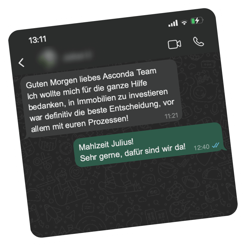 WhatsApp chat exchange in German where a user thanks the Asconda Team for help investing in real estate, saying it was the best decision, especially with their processes; Asconda Team responds positively.