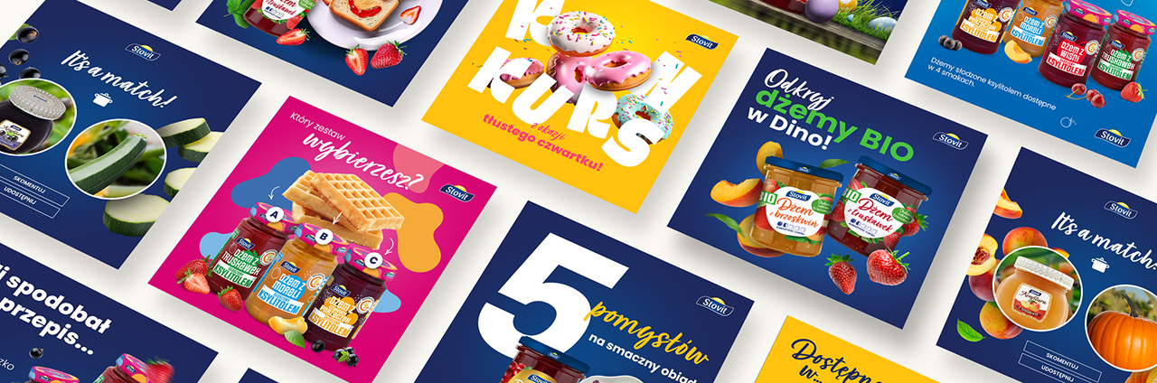 Collage of various colorful Stovit brand jam advertisements featuring jars of jam with strawberries, waffles, donuts, and promotional text in Polish.