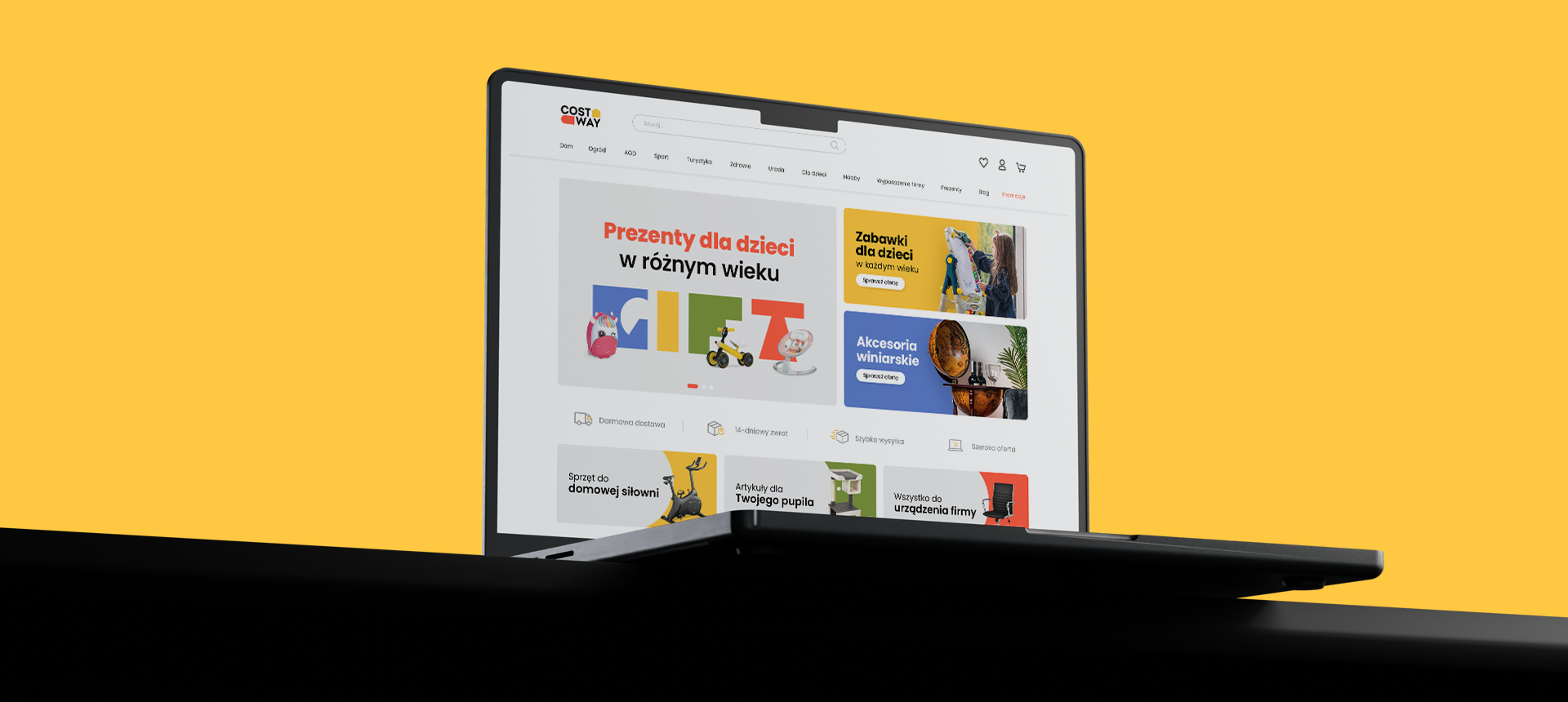 Laptop displaying an online shopping homepage with sections for children's gifts, toys, wine accessories, home gym equipment, pet supplies, and office furniture on a yellow background.