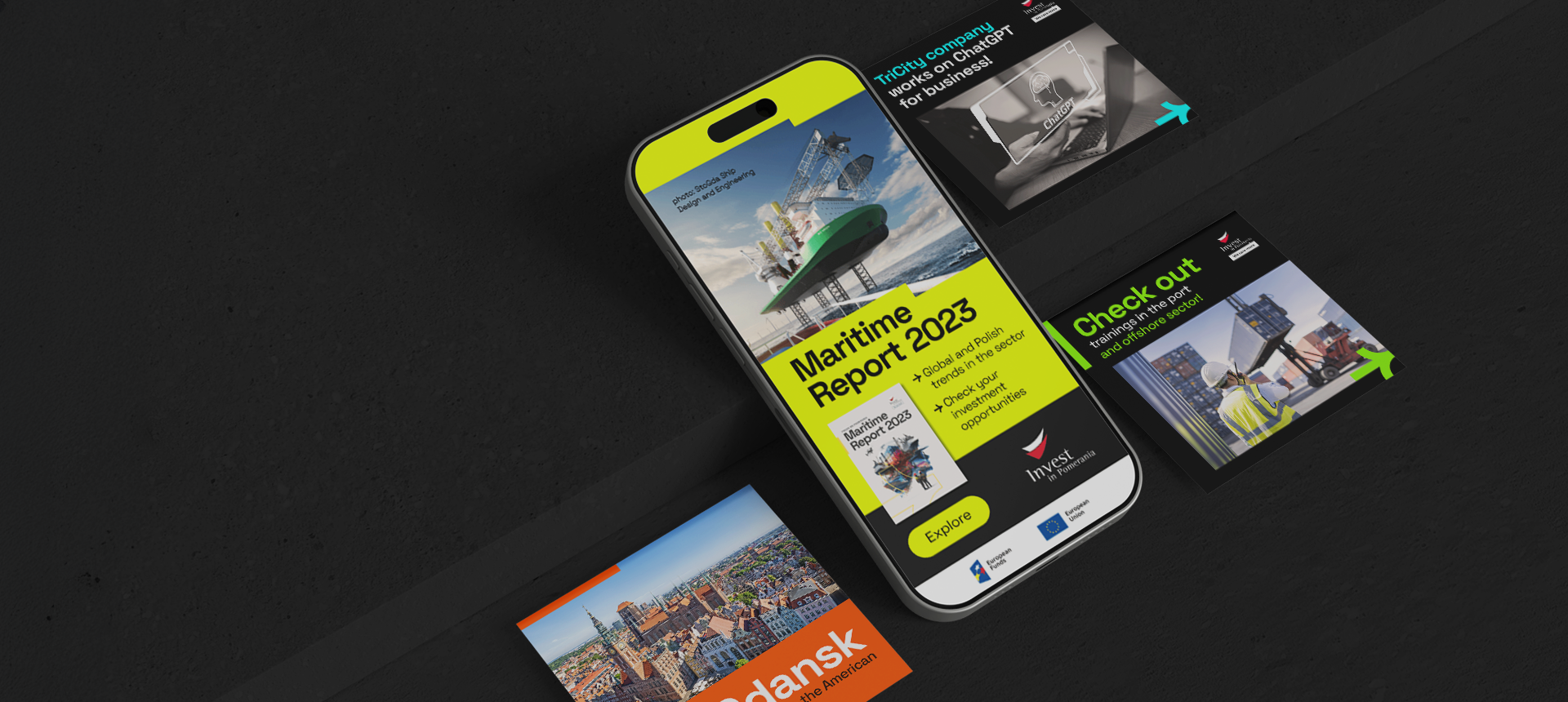 Smartphone displaying Maritime Report 2023 with a ship image, surrounded by three cards about ChatGPT for business, port and offshore training, and Gdansk city.