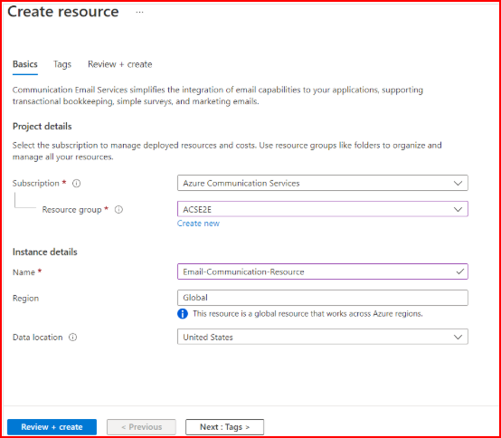 Azure email communication resource connection