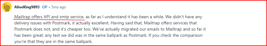 Mailtrap user review about its API and SMTP provision