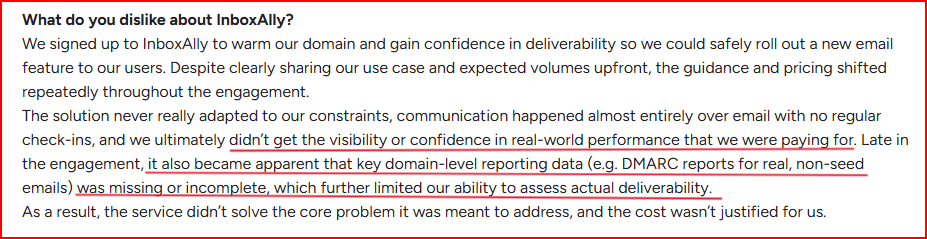 InboxAlly user complaining about its limited visibility of deliverablility