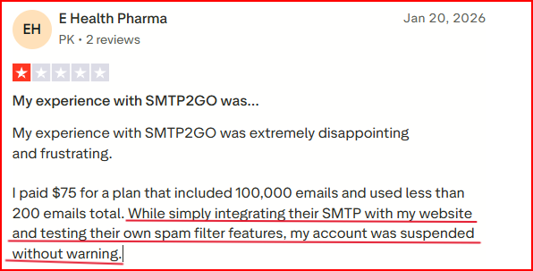 SMTP2GO user complaining about account suspension without warning