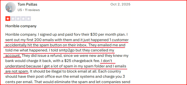SMTP2GO user compiling about its spam block, even though they don't do spam