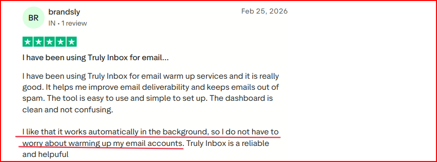 TrulyInbox user talking about how they like Automated warmup