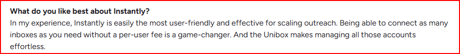 Instantly user complimenting about its high volume outreach