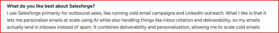 Salesforge user praising its multichannel outreach support with deep personalization