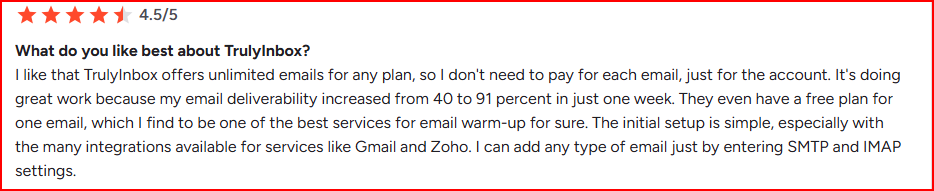 User appreciating TrulyInbox’s unlimited emails for all plans offer