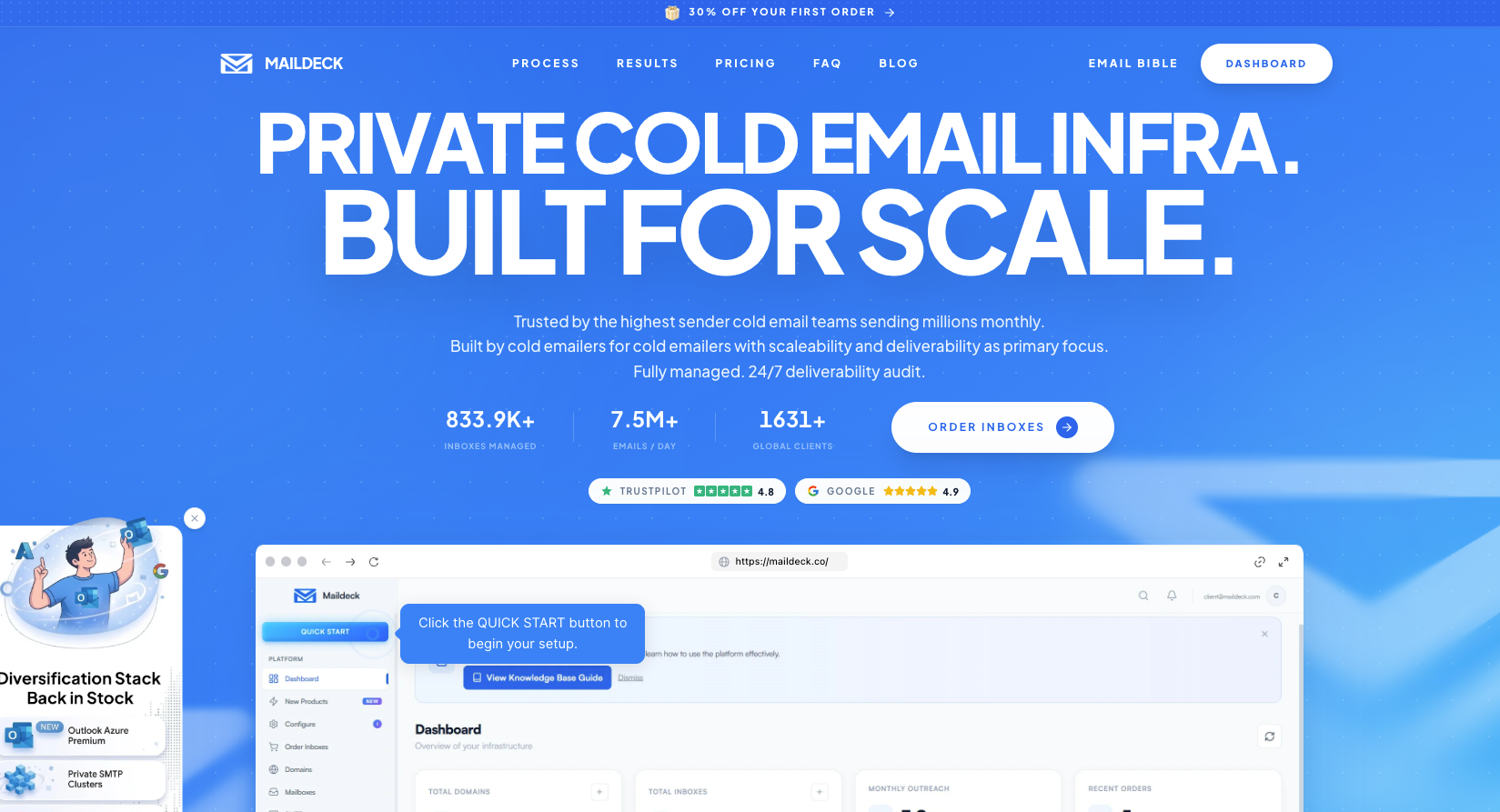 Maildeck homepage about cold email infrastructure‍