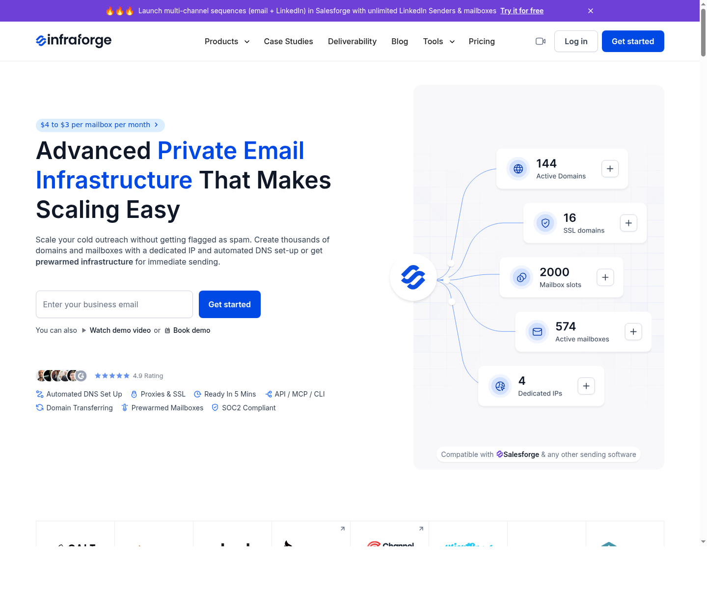 Infraforge homepage showing private cold email infrastructure positioning
