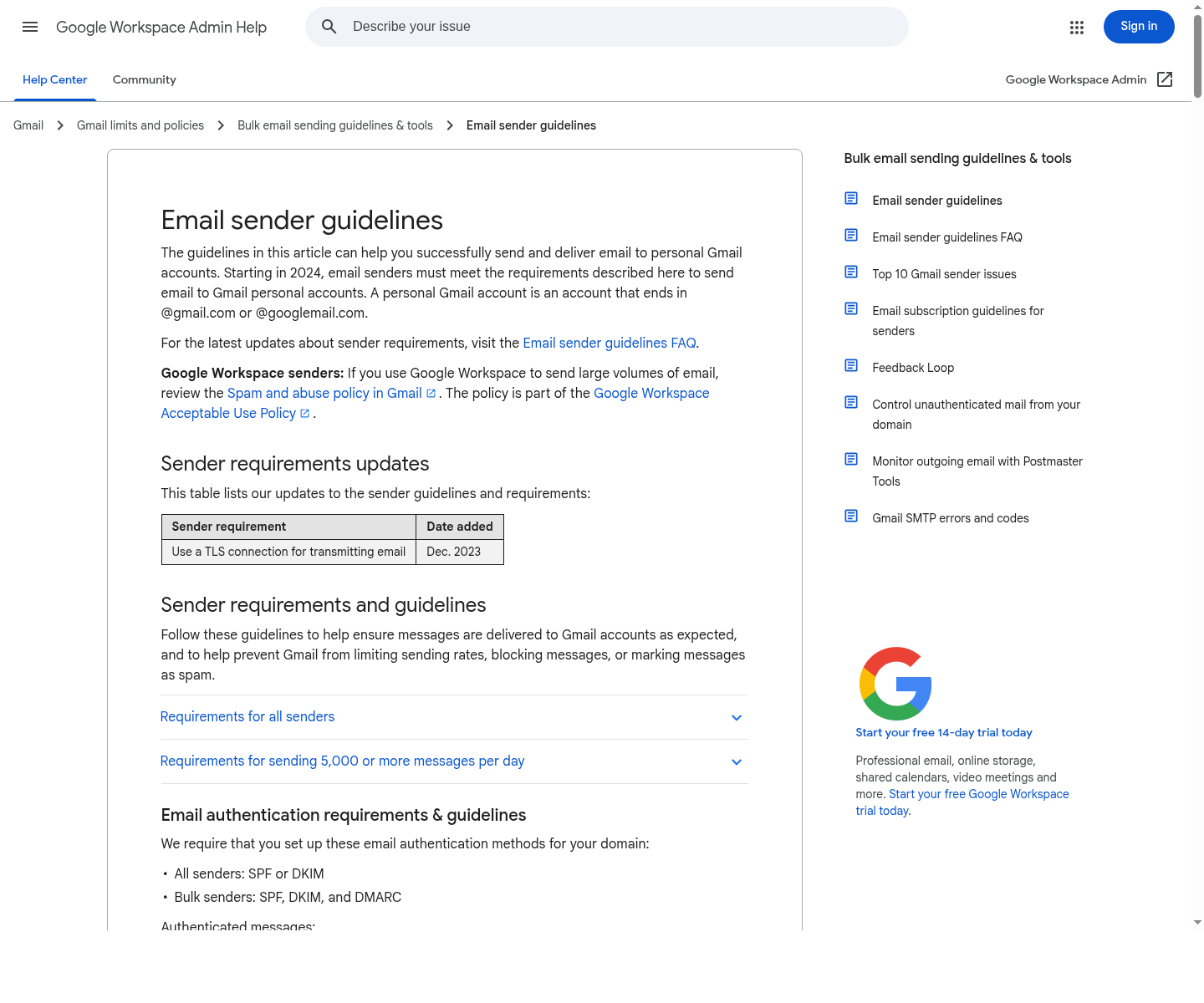 Google email sender guidelines screenshot showing authentication and sender requirements