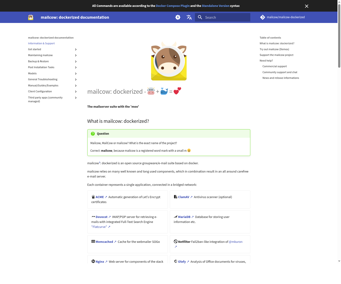 Mailcow documentation screenshot for self-hosted mail server setup