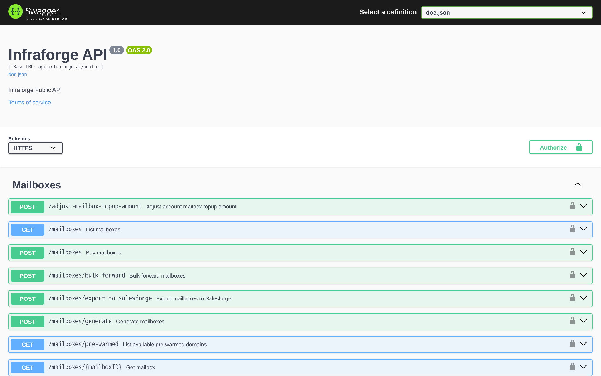 Infraforge API Swagger documentation
