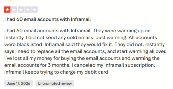 Inframail Trustpilot review about email accounts