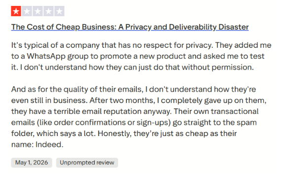 CheapInboxes trustpilot review about privacy