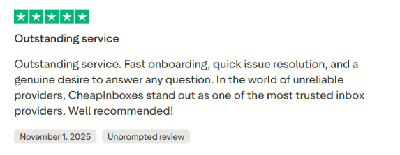 CheapInboxes trustpilot review about service and fast onboarding