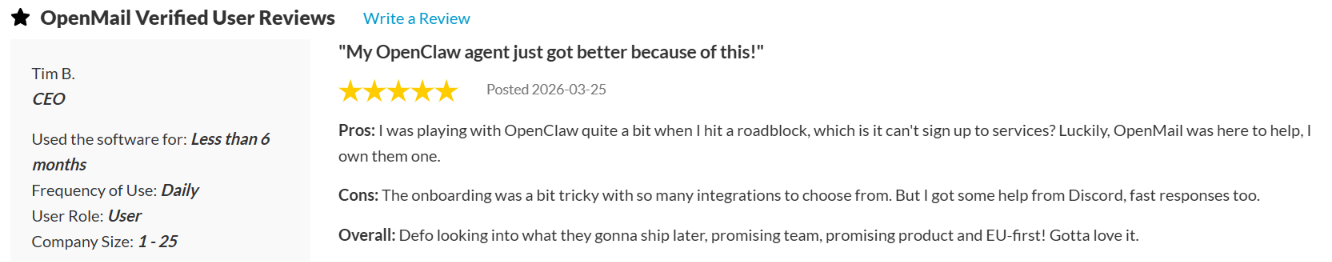 OpenMail user review on SourceForge