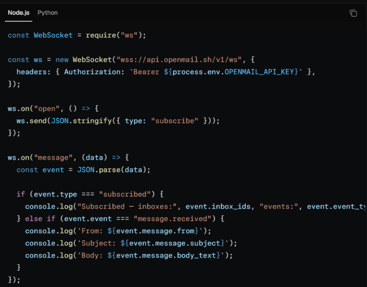 Minimal example of connecting to OpenMail’s WebSocket endpoint