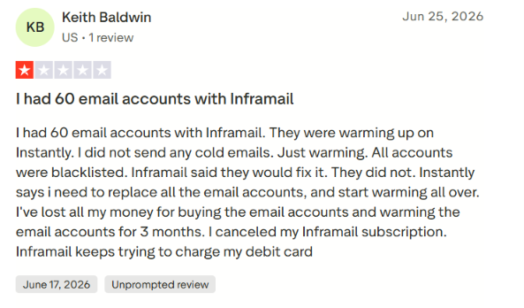 InfraMail Trustpilot review about accounts getting blacklisted